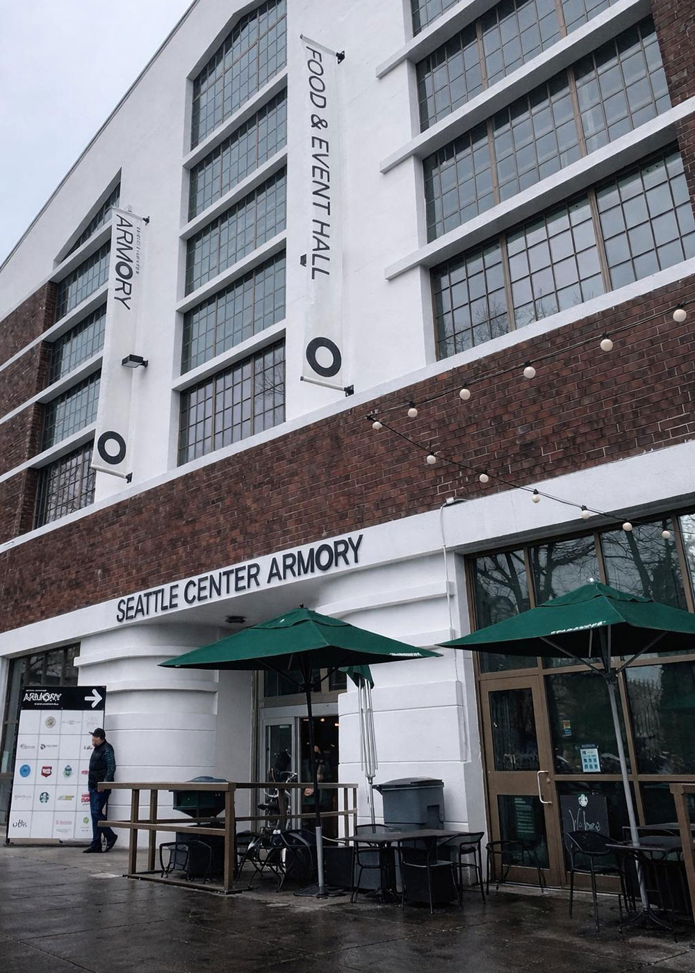 Seattle Center Armory Food & Event Hall Exterior Caf&eacute; Space with Outdoor Seating Area, South Entrance, Thomas St.