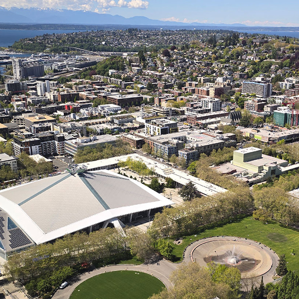 Aerial view of Seattle Center and surrounding neighborhoods