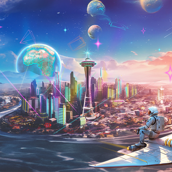 Magical graphic an astronaut on a ship looking at Seattle in space