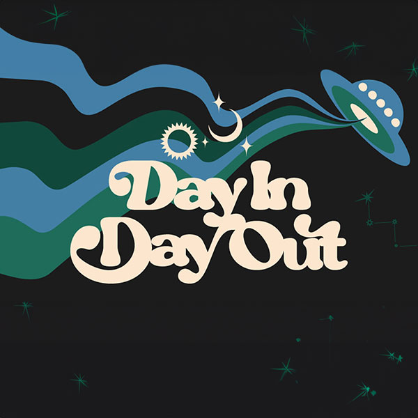Graphic of spaceship with waves titled, Day In Day Out