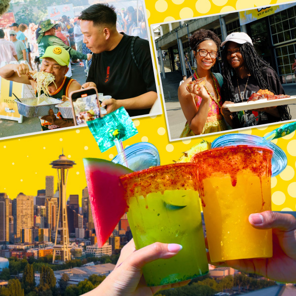 Collage of people enjoying food and drinks.