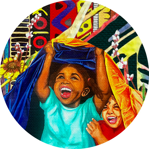 Illustration of two happy children under a colorful patterned cover.