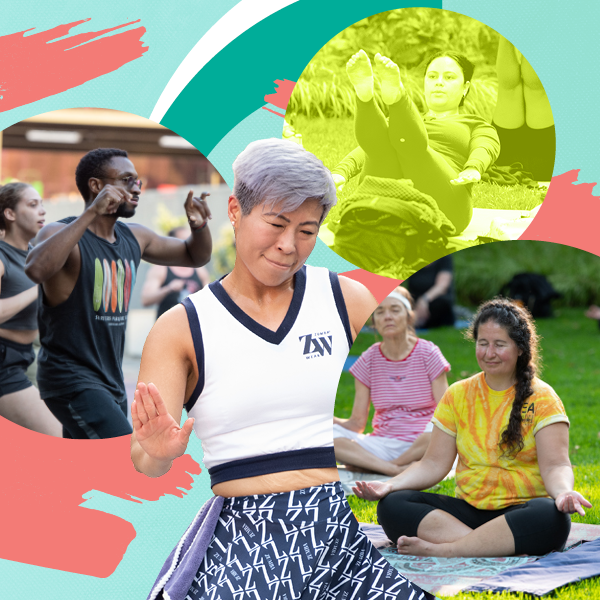 Collage of people performing yoga and zumba moves.