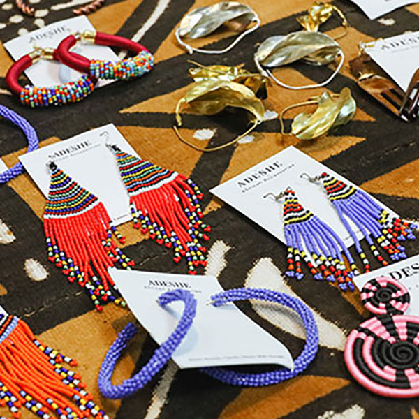 Jewelry made out of beads on display on a table.