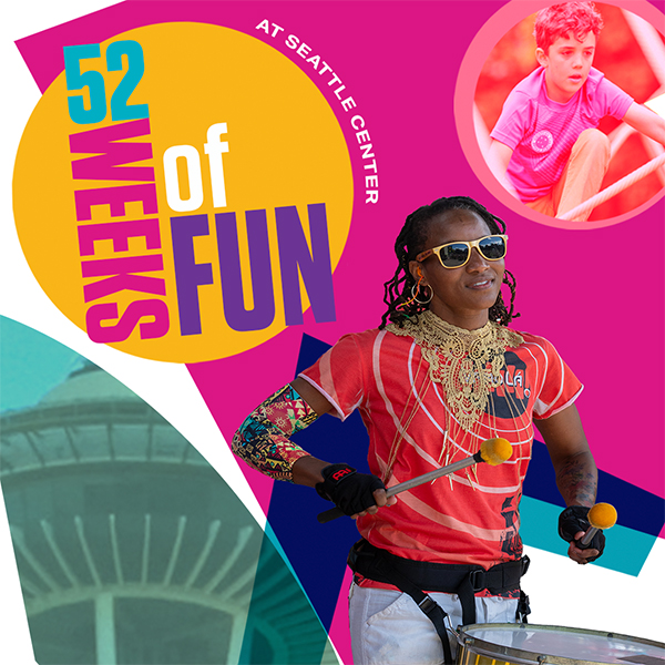 Drummer in sunglasses and a child playing titled, 52 Weeks of Fun.