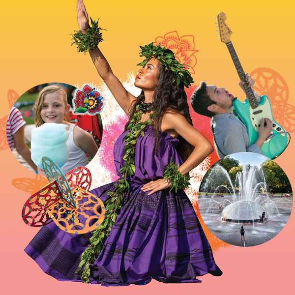 Collage of a girl eating cotton candy, a woman performing a Hawaiian dance, a man playing electric guitar and a silver water fountain.