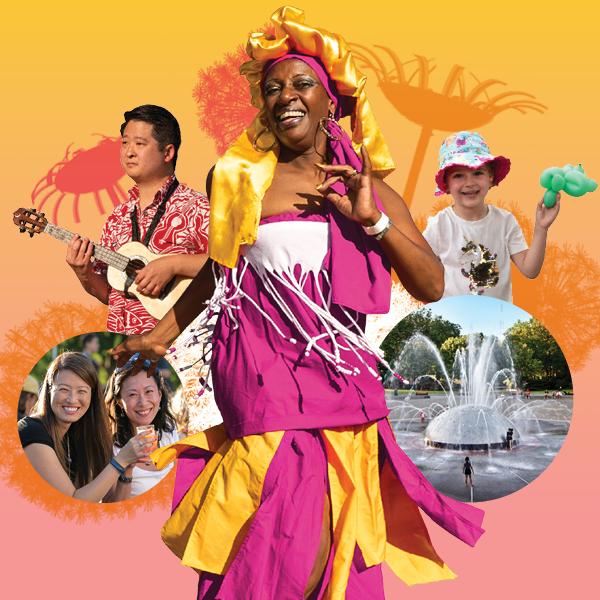 Collage of summer activities and performers.